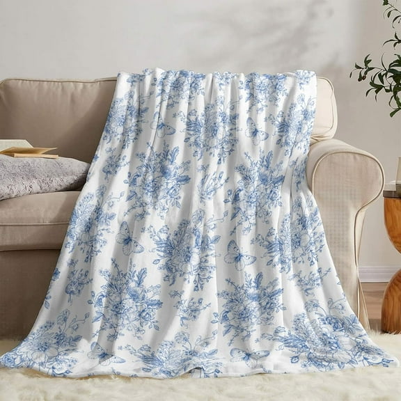 Blue and White Floral Throw Blanket, Fuzzy Soft Cozy Flannel Blanket for Home Bed Sofa Couch Chair, Decorative 50 x 60 Inch Blanket