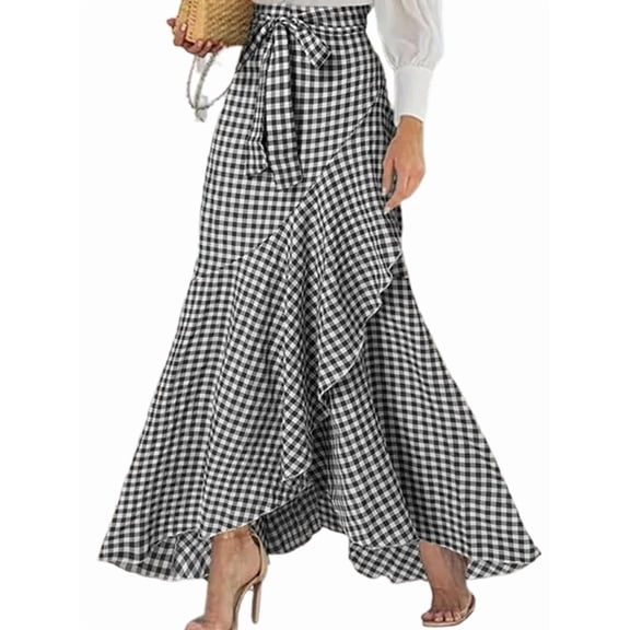 Women'S Retro Plaid Maxi Skirt A Line Pleated Flared Elastic High Waisted Gingham Summer Swing Long Skirt Black XXL