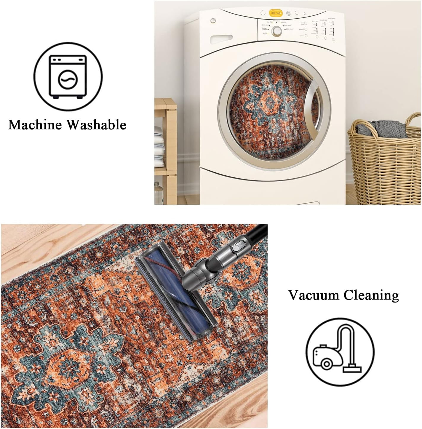 4 ft Round Area Rug, Yamaziot Boho Vintage Oriental Circle Carpet, Washable Non Slip Non Shedding Soft Faux Indoor Floor Mat Rug for Bedroom Living Room Sofa Office