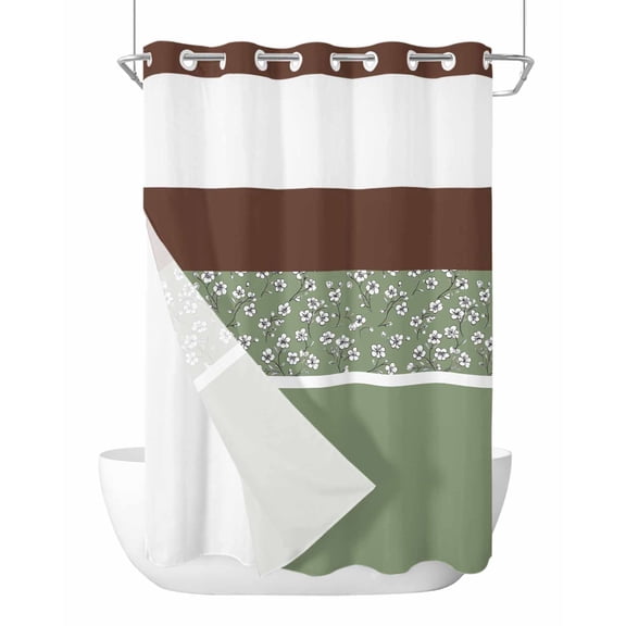 No Hook Shower Curtain with Snap-in Liner, Sage Green Brown Flowers Waterproof Fabric Bathroom Curtains, Classic Botanical Art Elegant Bath Curtains & Mesh Top Window 72"x96" Extra Long