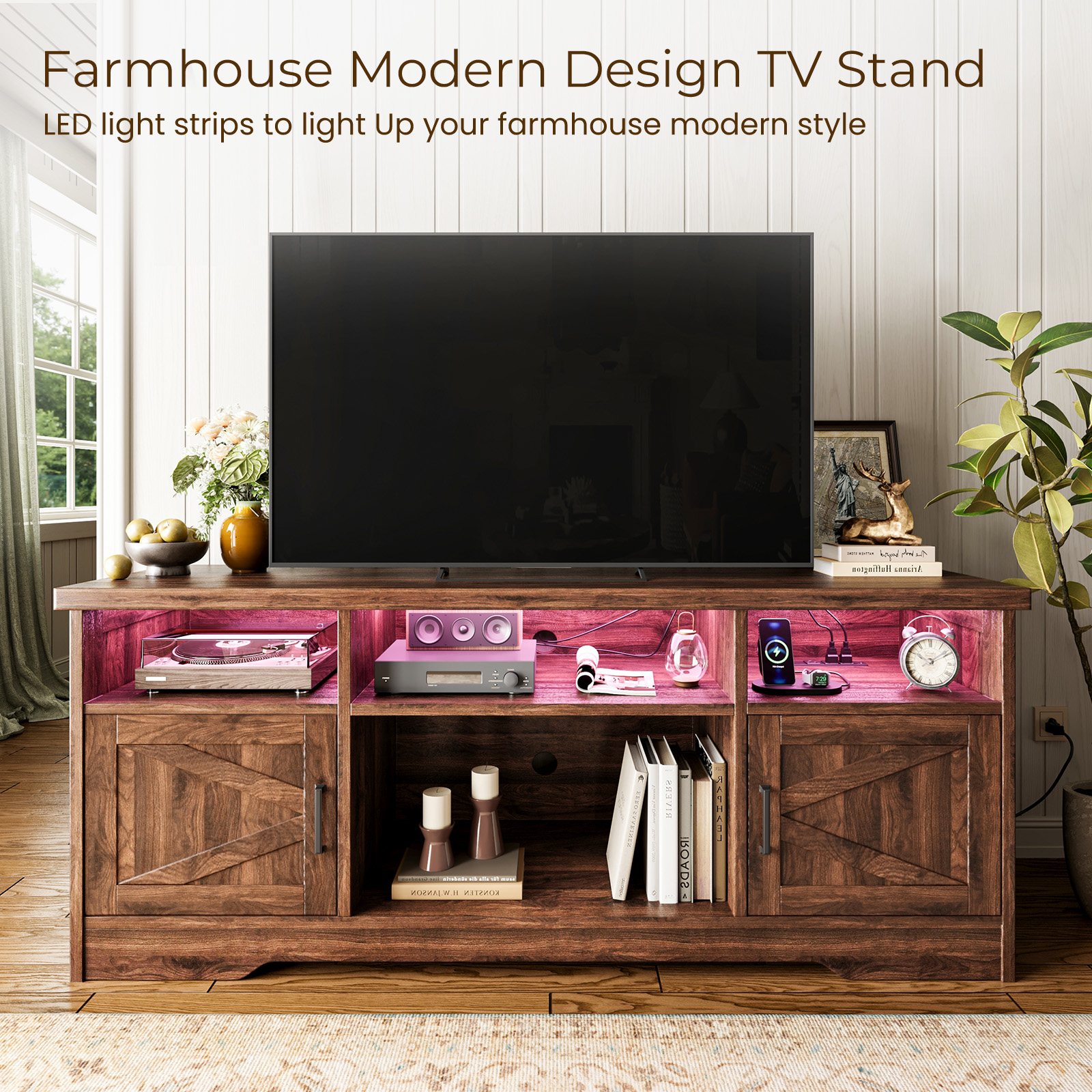 Casacomoda Farmhouse LED TV Stand for 65 Inch TV, Walnut photo 5