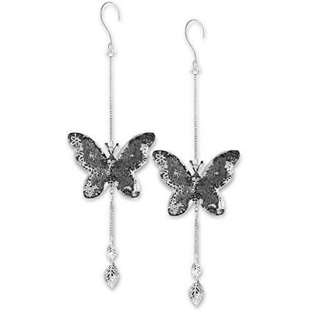Hanging Butterfly Set - Set of 2 Metal Butterflies with a Filigree Flower Design - Butterfly Decorations - 14 Inch long