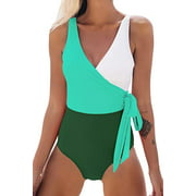 Tatum88Women's Swimsuit V Neck Wrap Colorblock Elegant One Piece Swimsuit (Green+White) Size L