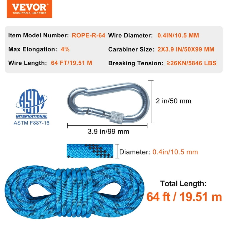 BENTISM Static Climbing Rope, 64 ft Outdoor Rock Climbing Rope with 26KN  Breaking Tension, 0.4'' /10mm High Strength Safety Rope, Escape Rope with  2pcs Carabiner and Storage Bag 
