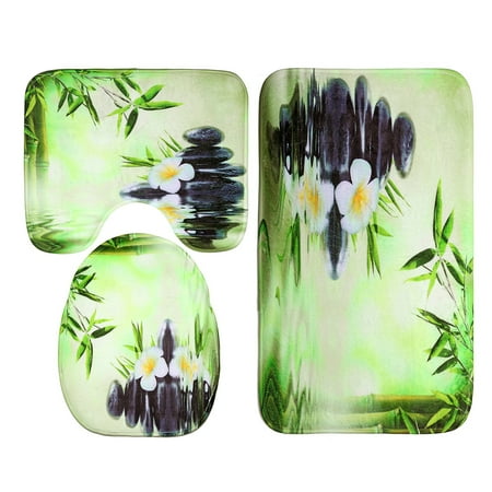 Bathroom Curtain And Rug Sets 4 Pcs Bathroom Set Non-Slip Pedestal Rug + Lid Toilet Seat Cover + Bath Mat Doormat + Shower Curtain + Hooks Bamboo Running Water Pattern Home Decor ()