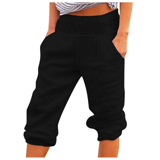 Gibobby pantalones afelpados para mujer Pantalones sólidos Pantalones casuales de algodón para mujer Pantalones y lino recortados con corbata de color (Negro, L)