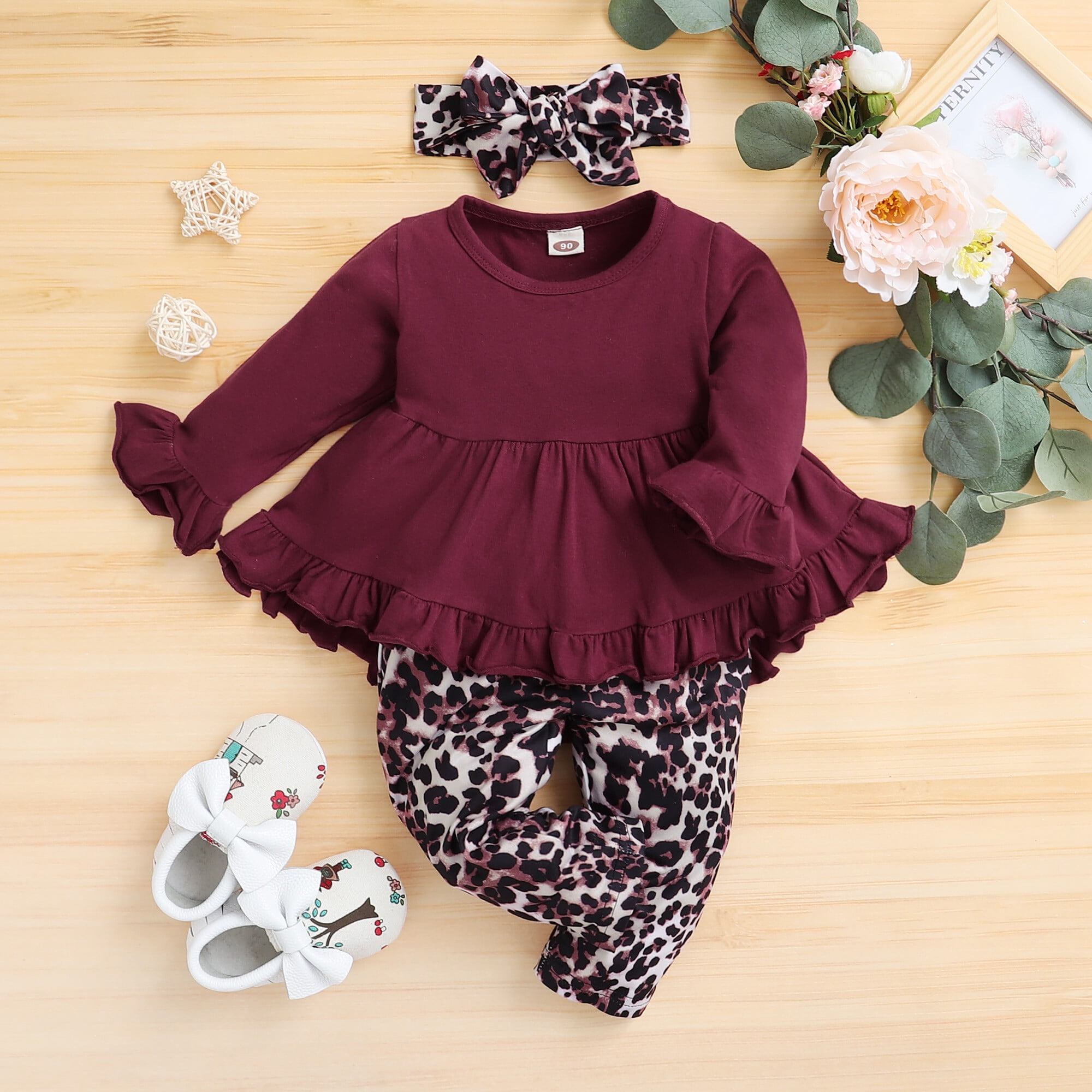 4T Baby Girl Clothes Baby Girl Outfits Long Sleeve Tops Leopard Pants Headband 3PCS Outfits 3-4T Baby Girl Fall Clothes