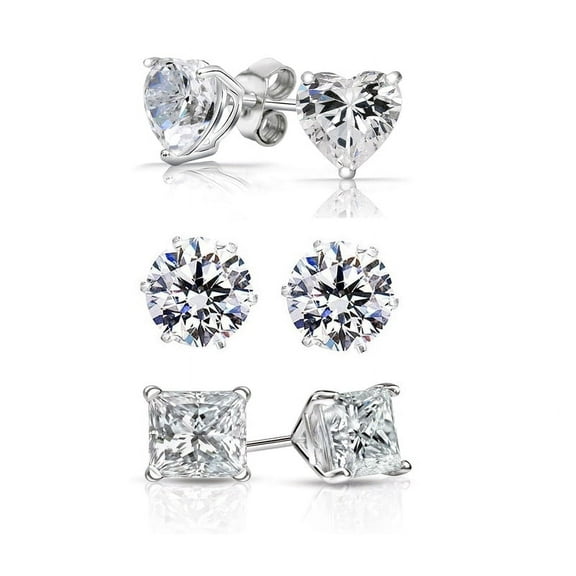 Sterling Silver 3 Pair Stud Earrings with crystals