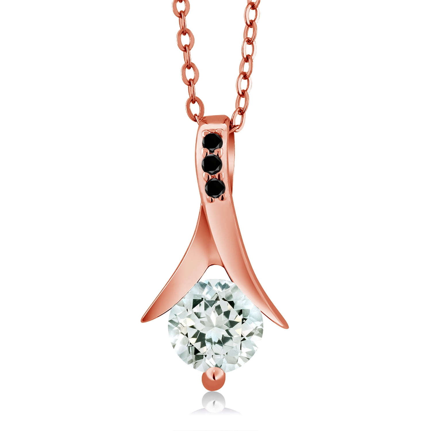 Gem Stone King 0.80 Ct Sky Blue Aquamarine Black Diamond 18K Rose Gold Plated Silver Pendant with Chain