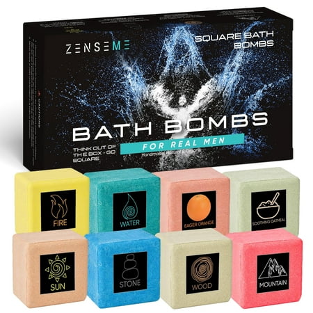 Bath Bombs for Men - Gift Set of 8 Scented Organic Handmade Natural Bath Bombs of 2.5 oz w/ Natural Essential Oils, Unique Extra Strength Manly Scents, for Boyfriend, Husband, Father - Square Shape