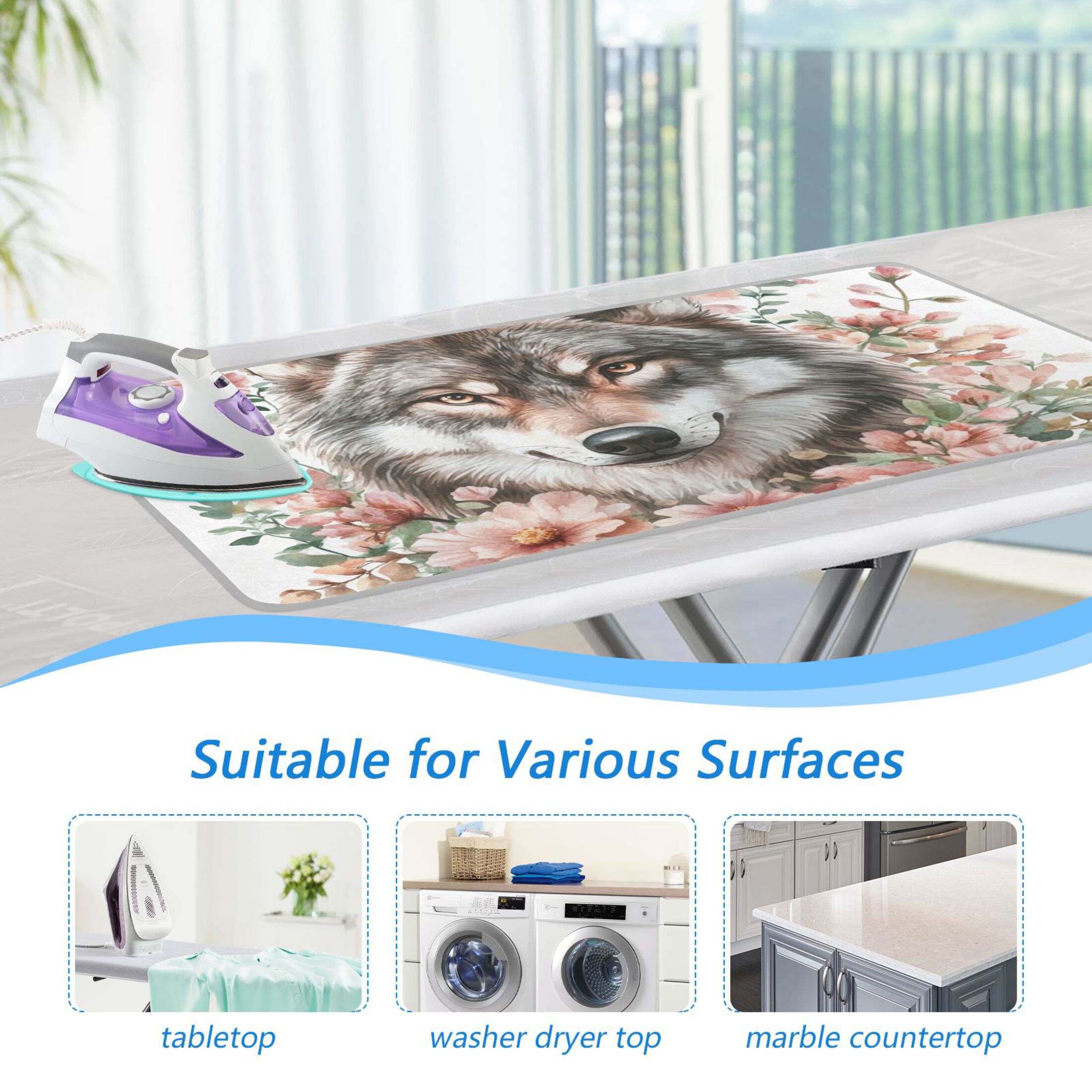 Wolf Face in Flowers Ironing Mat Blanket Portable Travel Ironing Pad Heat Resistant Pad 47.2" x 27.6”