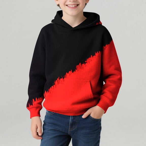 CYRBOKO Boys Hoodies, Color-blocked Pullover Casual Long Sleeve Spring Sweatshirts Red Size 7-8 T