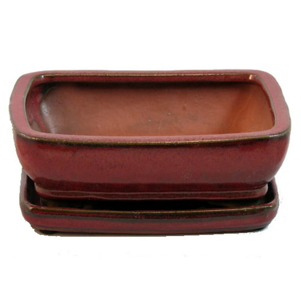 Ceramic Bonsai Pot/Attached Saucer Parisian Red 8" x 6.25" x 3