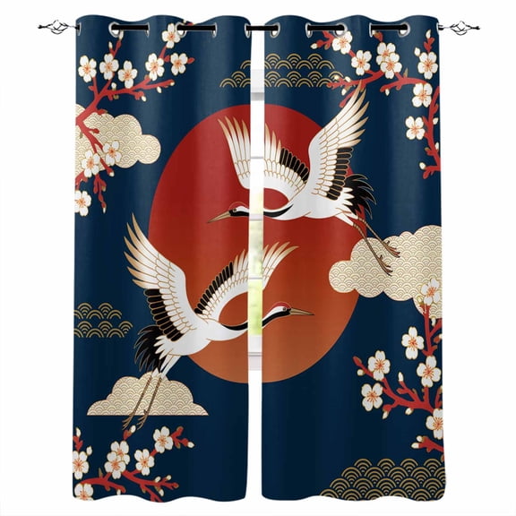 Japanese Style Blackout Curtains for Bedroom/Living Room, Thermal Insulated Kitchen Curtains, Modern Cranes Cherry Flower Wave Navy Blue Grommet Darkening Window Treatment Drapes 27.5"x39"x2