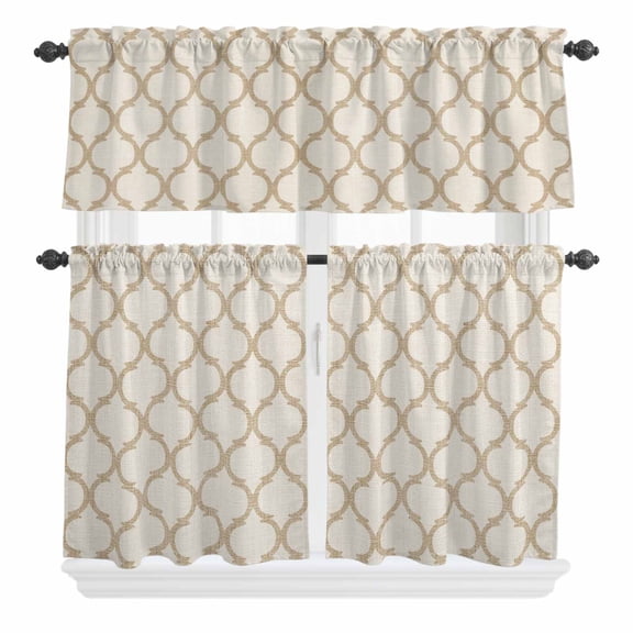 3 Piece Kitchen Curtains and Valances Set Beige Moroccan Cafe Curtains 36 Inch Length Morocco Geometric Quatrefoil Lattice Valance & Tier Curtain for Living Room Bedroom Window 54"x18" 27"x36"*2
