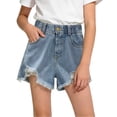 thumbnail image 2 of QIUOMBBP Girls High Waist Distressed Denim Short Frayed Hem A-Line Shorts with Pockets Fashion Summer Shorts Blue 9-10Years, 2 of 6