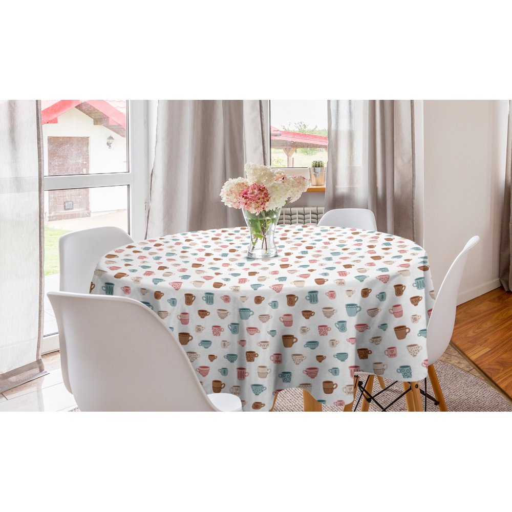 Tea Party Round Tablecloth, Pattern of Coffee Mugs in Classic Vintage