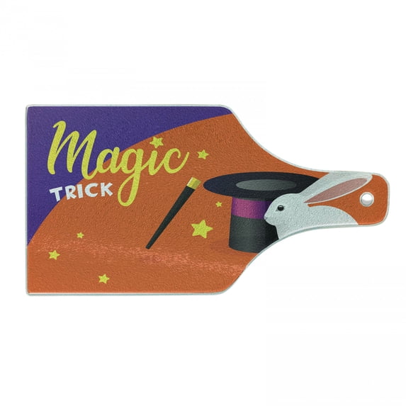 Magician Cutting Board, Magic Trick Typography Little Bunny and Hat, Decorative Tempered Glass Cutting and Serving Board, in 3 Sizes, by Ambesonne