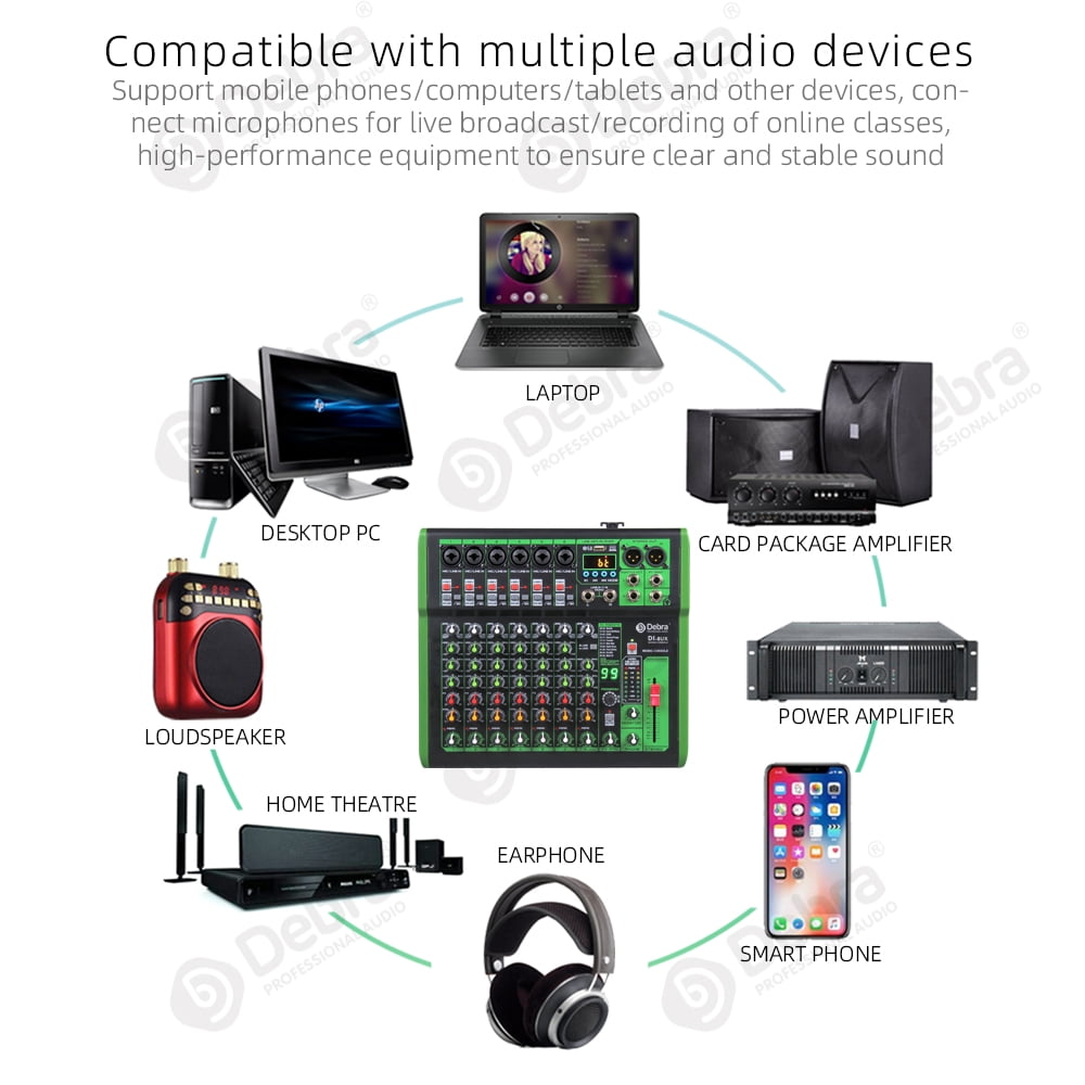D Debra DI-UX Series Professional Portable Recording Mixer Audio with 99 DSP Digital Effects and USB for DJ Mixer Console Karaoke Home Recording Studio (DI-8UX 8 channels)