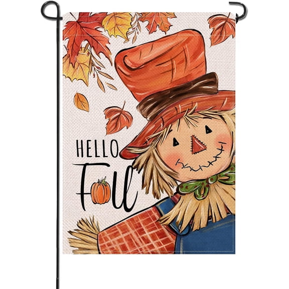 Hello Fall Scarecrow Small Decorative Garden Flag, Autumn Maple Leaves Rustic Yard Lawn Outside Decor, Thanksgiving Seasonal Farmhouse Country Outdoor Home Decoration Double Sided 12 x 18