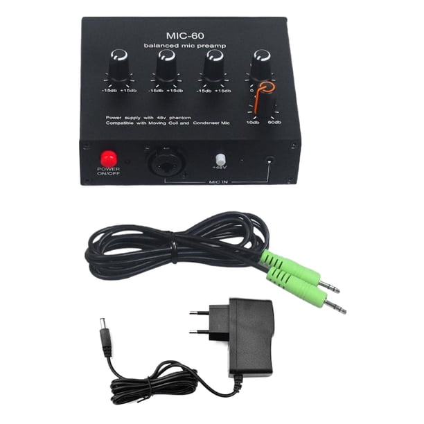 Cateissary Micrófono dinámico equilibrado negro con luz indicadora de sobrecarga Fuente de alimentación de DC5V-12V rango medio alto Sistemas de cine en casa Cable de 3.5mm + enchufe europeo 220V