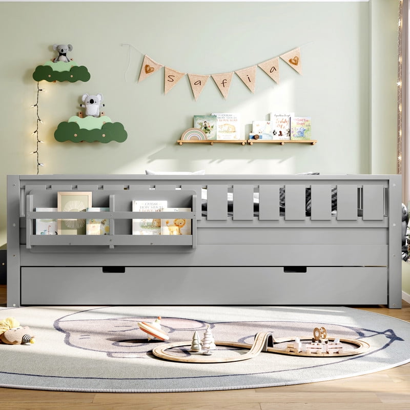Full Size Low-Profile Kid's Platform Bed with Built-in Bookshelves & Small Staircase, Wooden Bed Frame with Safety Rails & Trundle