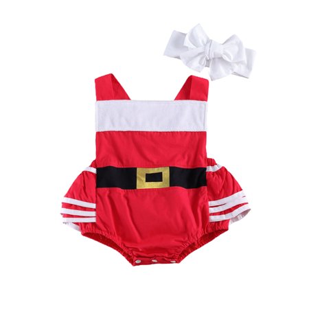 

Xingqing Infant Baby Girl Christmas Outfits Cute Halter Santa Ruffle Romper Headband 2Pcs Clothes Set 18-24 Months
