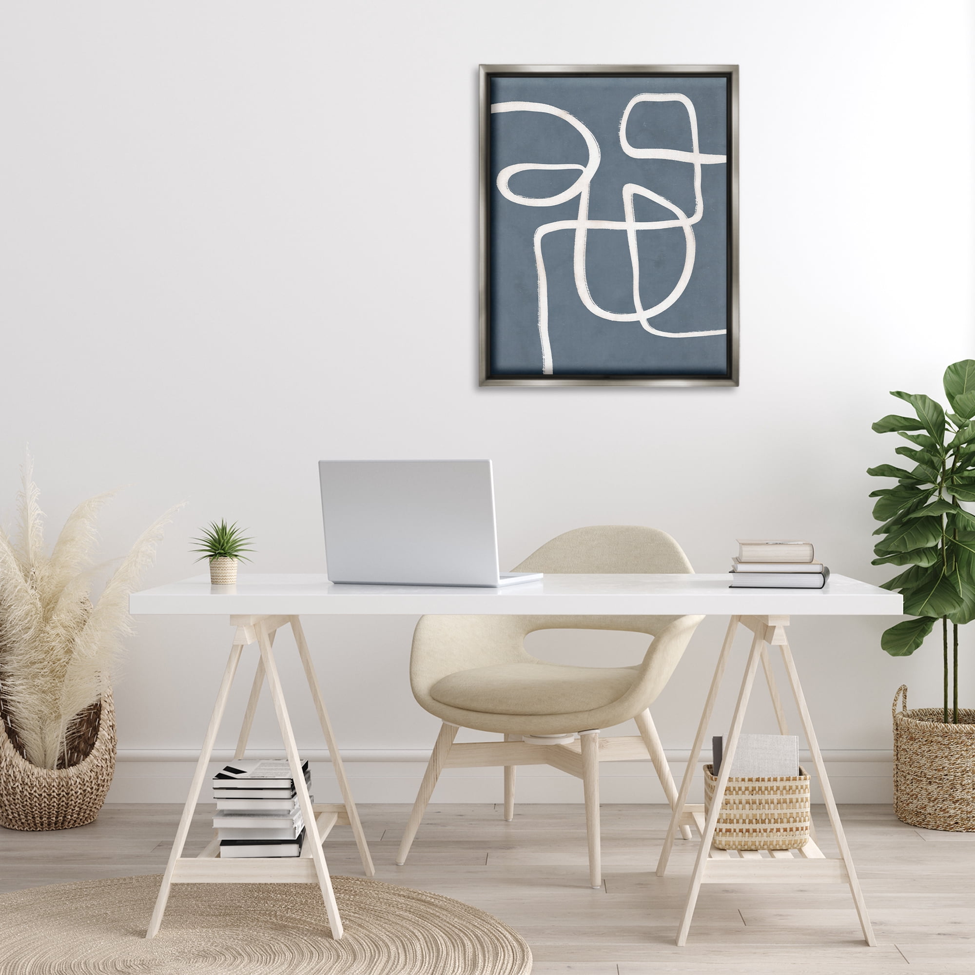 Stupell Industries Freeflow Line on Blue Abstract Painting Gray Floater Framed Canvas Art Print Wall Art, 25 x 31