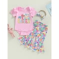 thumbnail image 2 of Jxzom Newborn Baby Girl My First Easter Outfit 3 6 12 18 Months Bunny Colorful Eggs Print Ruffle Romper Flared Pants Headband Set, 2 of 7