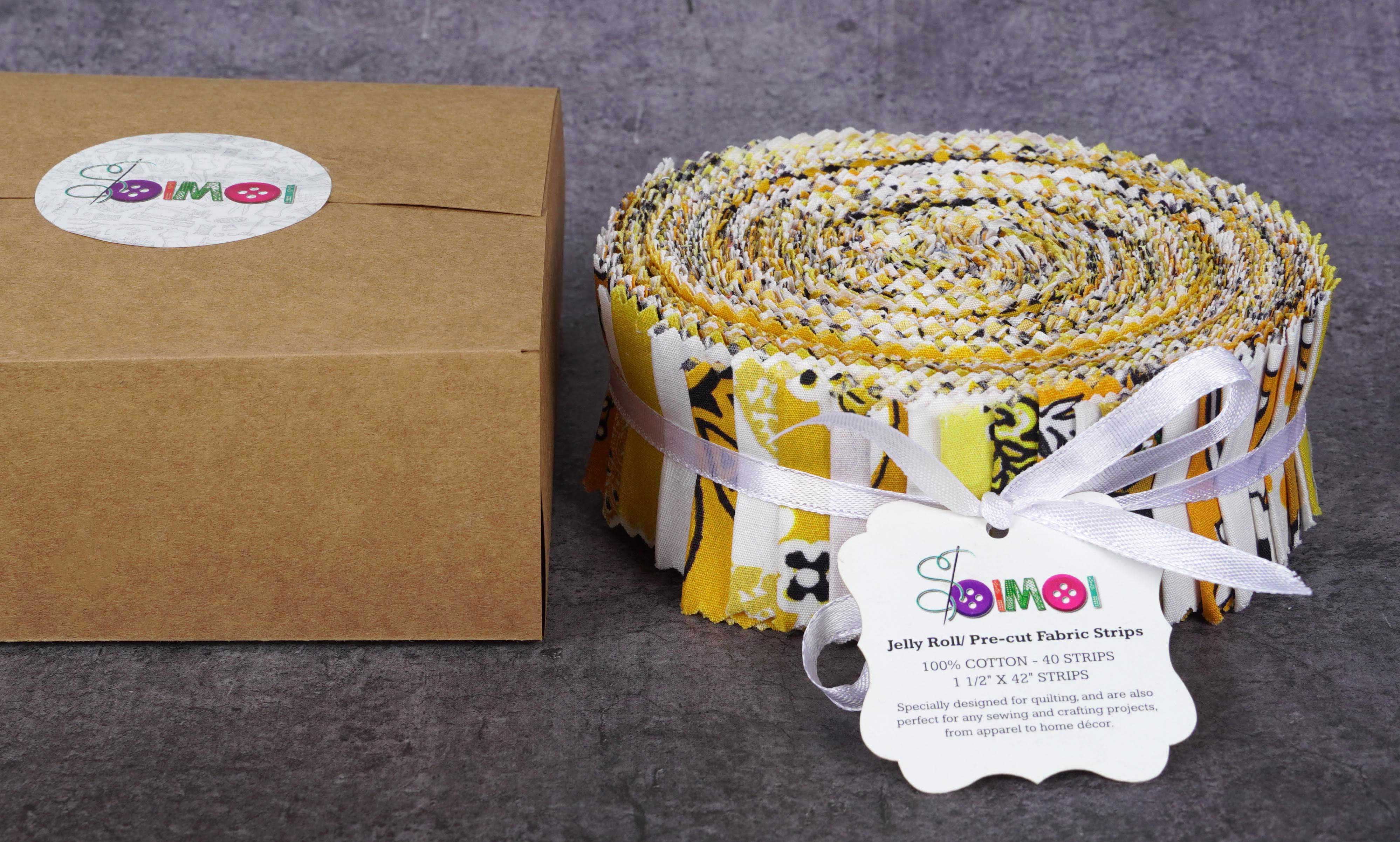 Soimoi 40Pcs Block Print Precut Fabrics Strips Roll Up 1.5x42inches Cotton Jelly Rolls For Quilting - Yellow