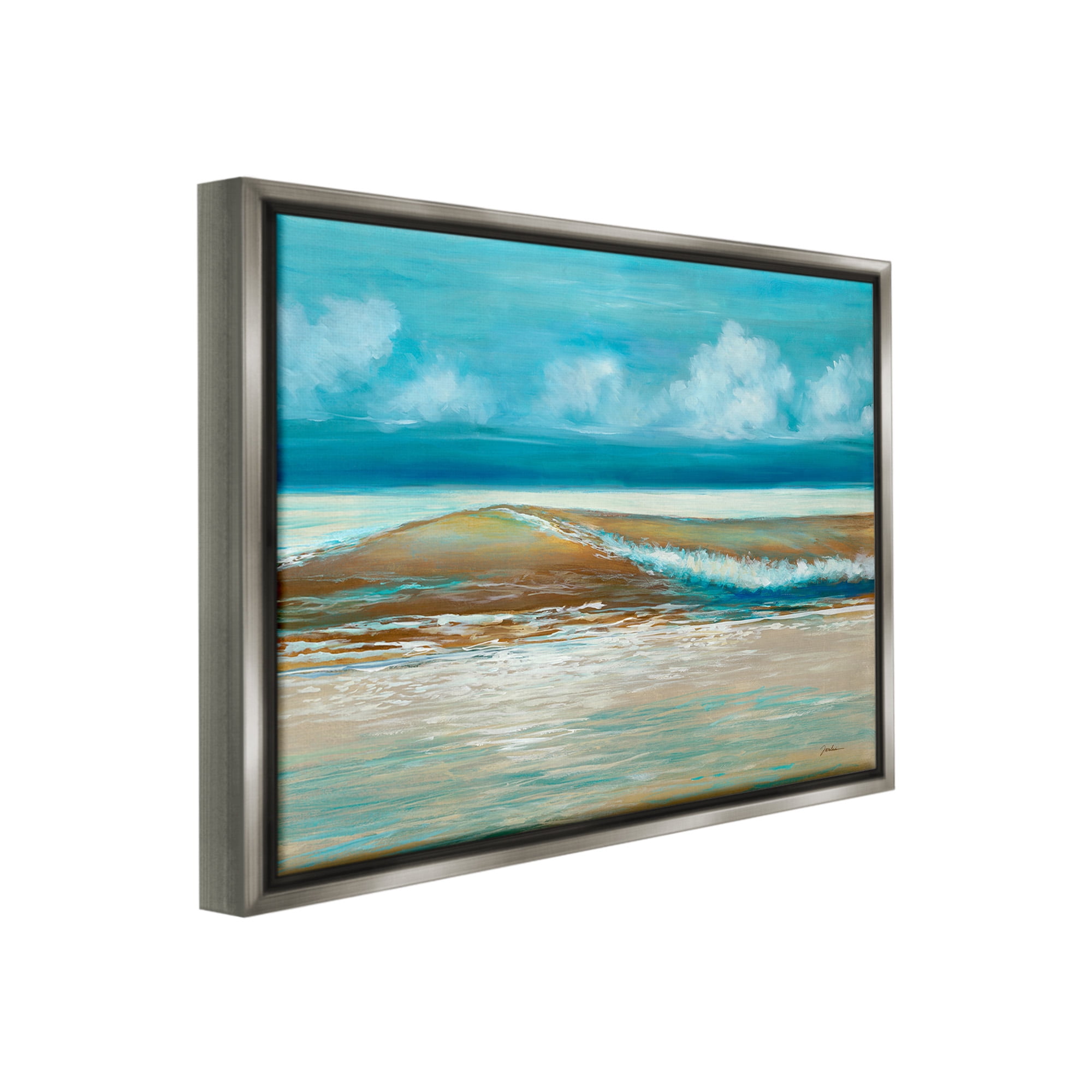 Stupell Industries Modern Rolling Sea Waves Landscape Painting Gray Floater Framed Canvas Art Print Wall Art, 21 x 17