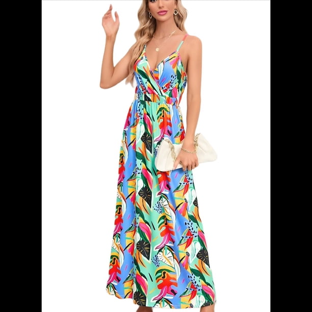Vestido de Verano 2025 para Mujer, con Estampado Floral, Lazo Frontal, Tirantes Finos, Informal, Bohemio, para Playa, Fluido, Color S