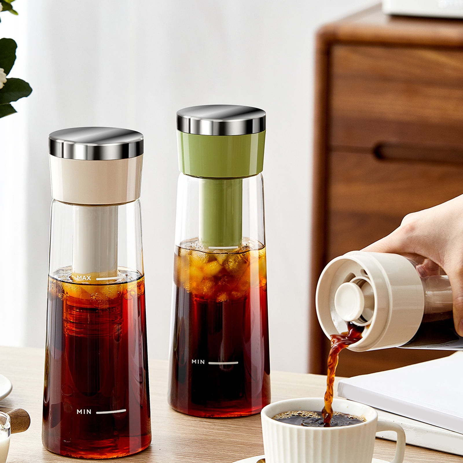 Glass Cold Brew Coffee Pitcher - Airtight 16oz Borosilicate Carafe with Stainless Steel Filter for Iced Coffee & Tea - Hot/Cold Compatible Brewing System