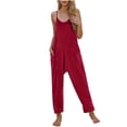 thumbnail image 2 of BiZtdJrK Lightning Sale, Women's Casual V Neck Spaghetti Straps Jumpsuit Summer Sleeveles Baggy Cotton Overalls Solid Color Wide Leg One Piece Pants with Pockets Red M, 2 of 6