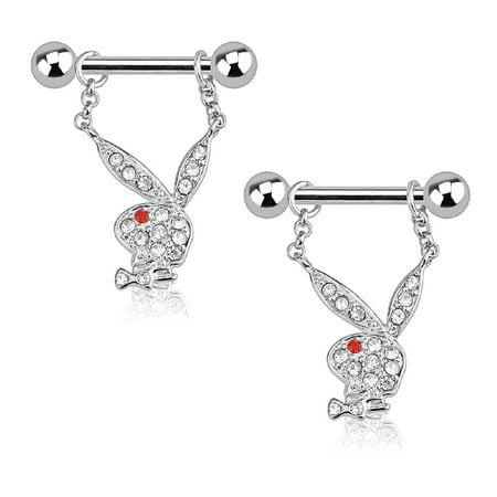 Multi Stone Dangle - Playboy Nipple Bar Bunny Multi Paved Gems 14G Dangle 316L Surgical Steel Ring 2PCS