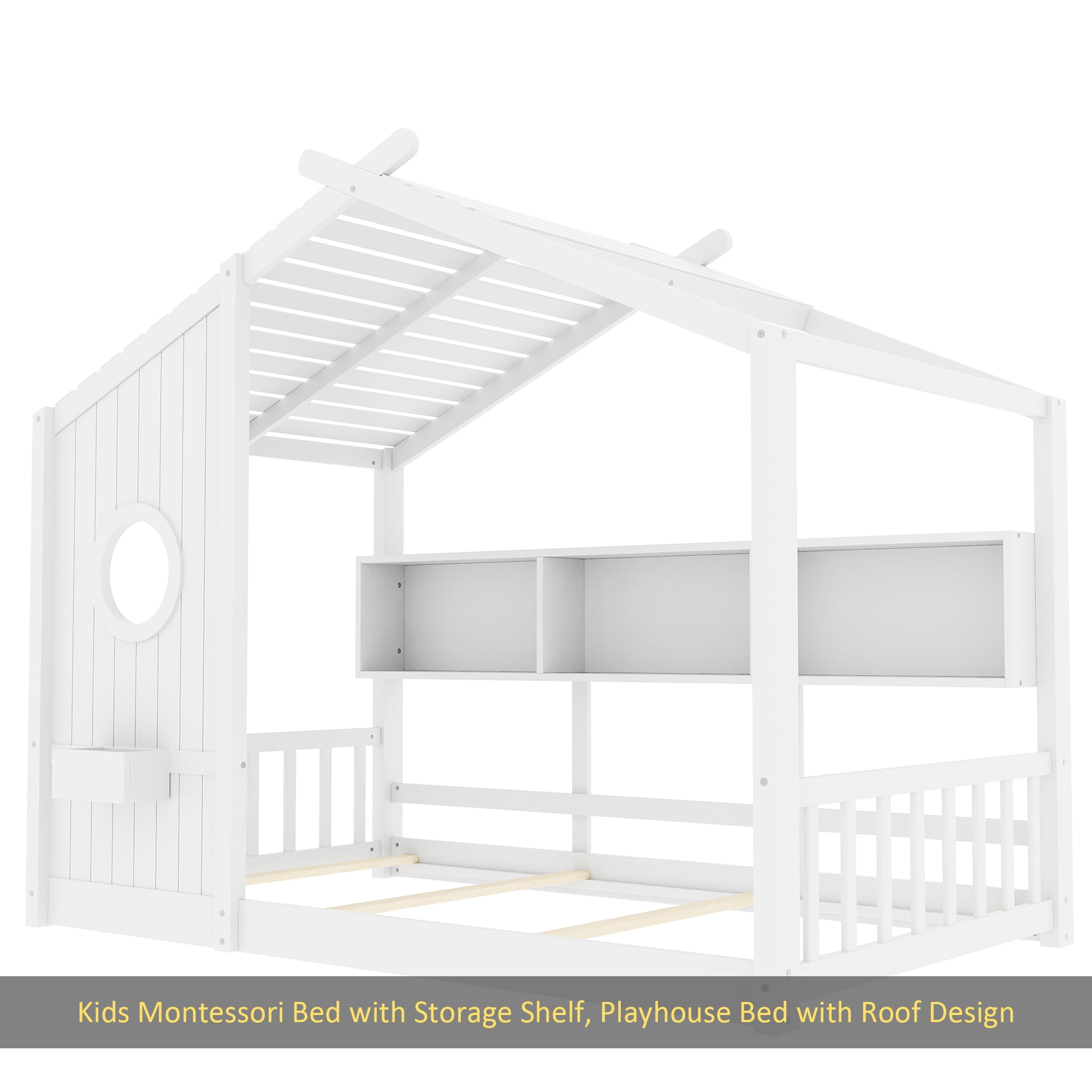 Twin Size Floor House Bed for Toddler, Kids Montessori Bed with Storage Shelf, Playhouse Bed with Roof Design, White