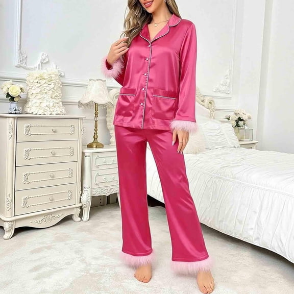 Gamivast Silk Pajama Sets for Women Long Sleeve Button Down & Feather Trim Pants Pjs Sets Satin Sleepwear Elegant Bride Bridesmaid Party Nightwear
