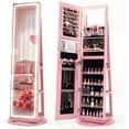 thumbnail image 1 of 360° Rotating Jewelry Armoire w/ LED Full-Length Mirror & Vanity Mirror, Lockable Standing Jewelry Organizer w/ Lights, Large Storage, Pink, 1 of 9