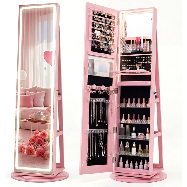 360° Rotating Jewelry Armoire w/ LED Full-Length Mirror & Vanity Mirror, Lockable Standing Jewelry Organizer w/ Lights, Large Storage, Pink