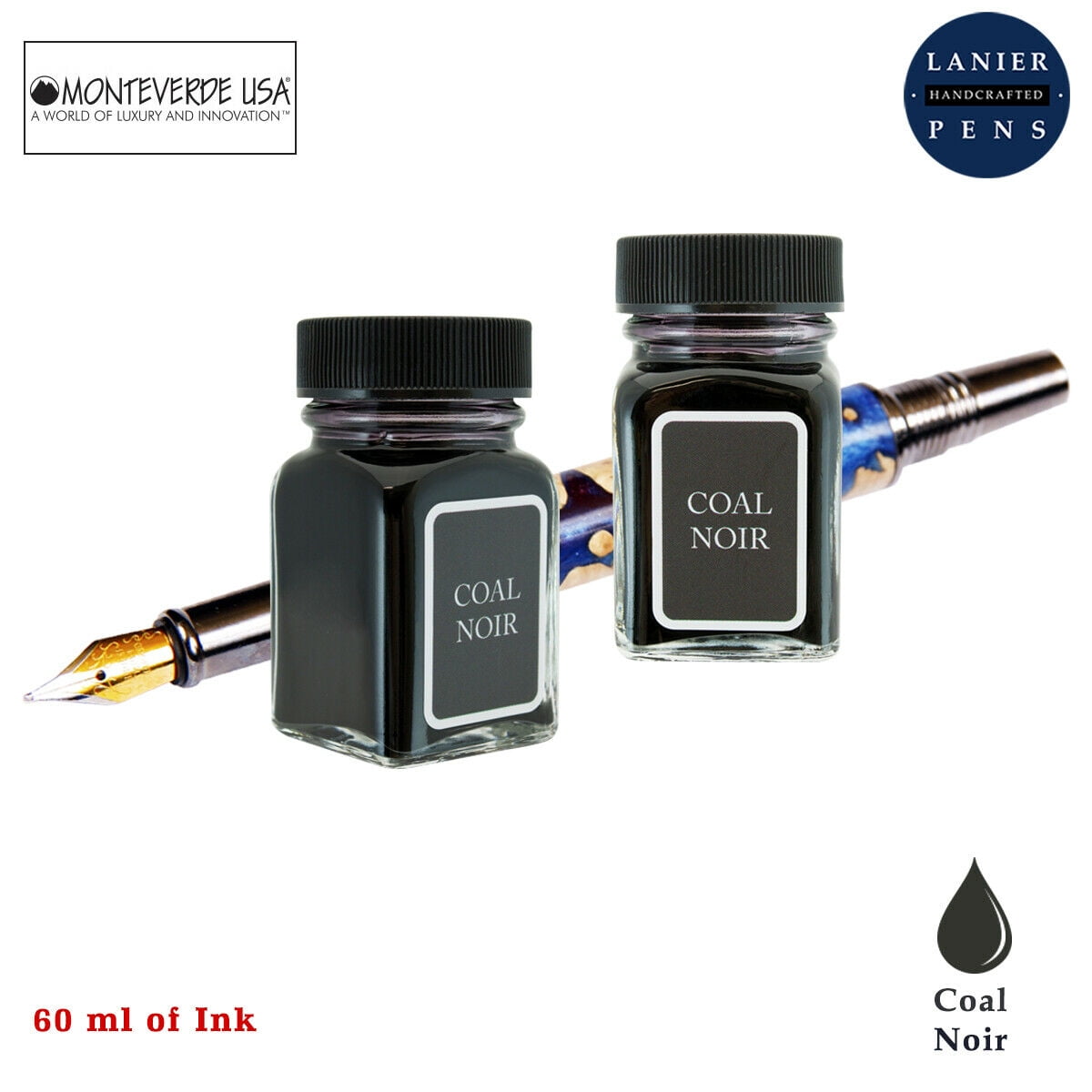 Monteverde 60ml Noir Fountain Pen Ink Bottle (30ml Coal Noir G309LN Ink Bottle - Pack of 2)