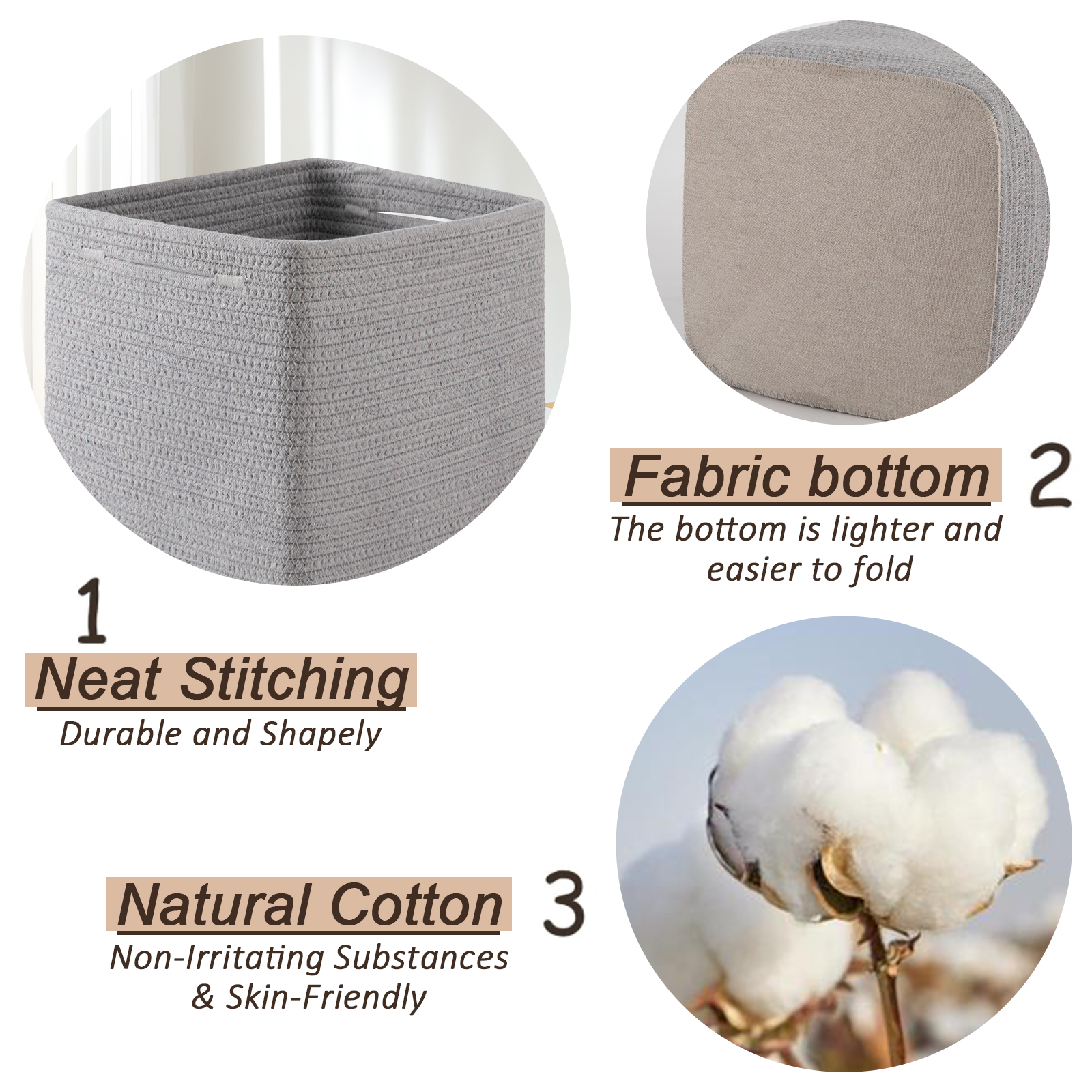 CHERISHGARD 3 Pieces Cube Storage Baskets，Square Woven Rope Basket ，Square Baskets for Organizing