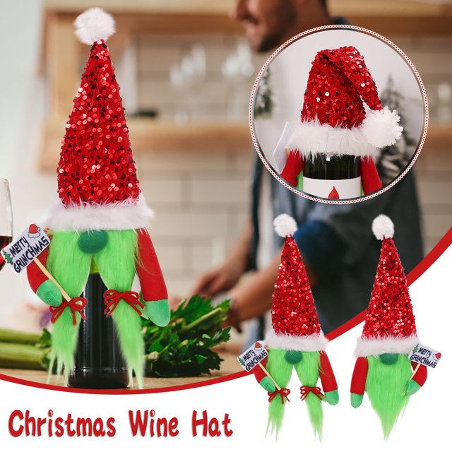 Xihbxyly Funda para Botella de Vino Navideña, Diseño de Gorro de Papá Noel con Lentejuelas, Elegante Decoración Navideña, Ideal para Mesas Festivas, Reutilizable y Suave, Se Adapta a La Mayoría de Bo