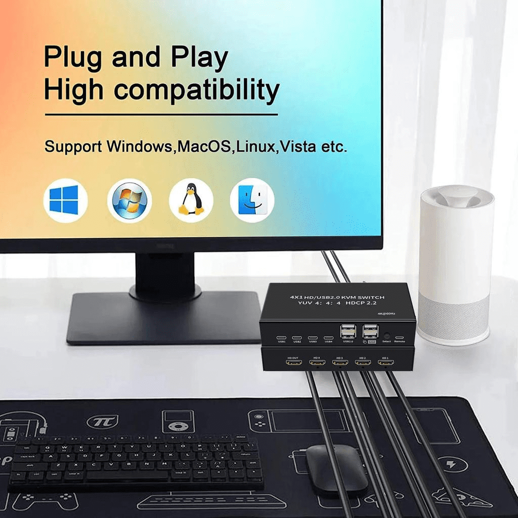 RIWPKFH 4 port HDMI KVM Switch 4 in 1 out 4K 60Hz HDMI USB Switch Selector with Desktop Controller for 4 PC Share Monitor Mouse Keyboard