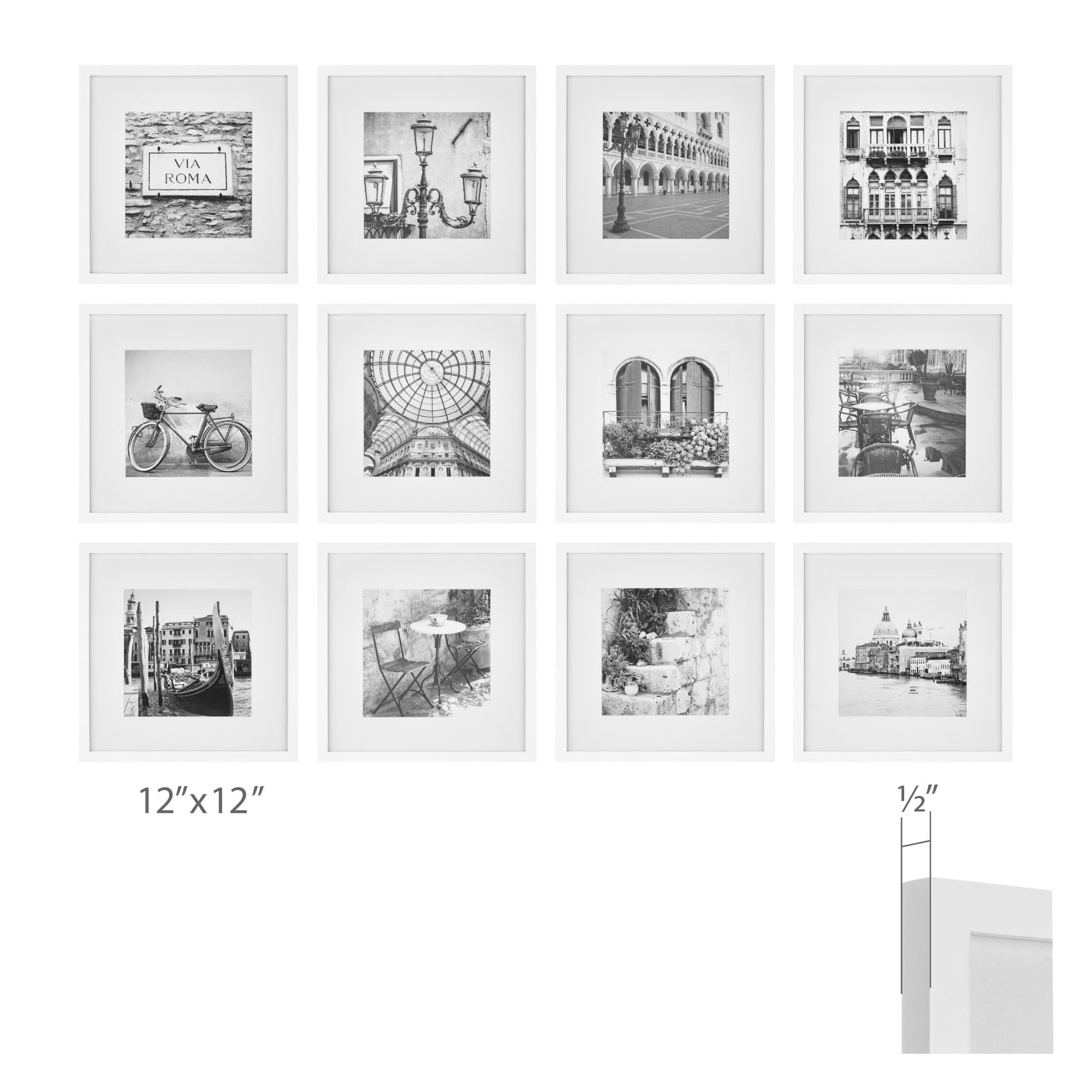 Gallery Perfect 12 Piece White Square Photo Frame Wall Kit with Art Prints & Hanging Template