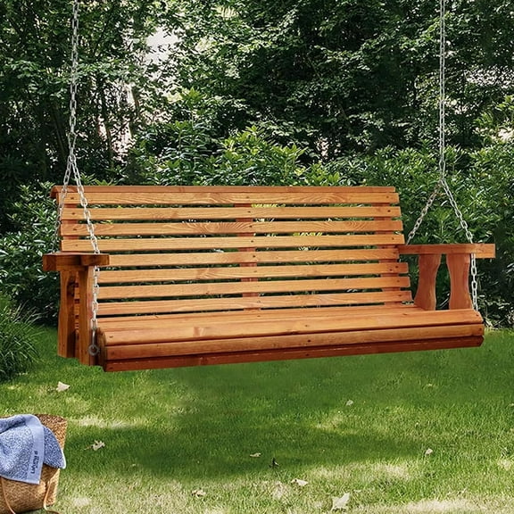 U-MAX 5.5FT Wooden Porch Swing, Patio Swing with Cup Holders & Chains, 880Lbs Weight Capacity Outdoor Swing Chair Bench for Courtyard & Garden