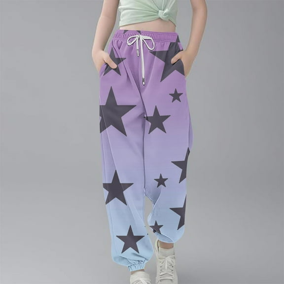HOMADLES Teen Girls Jogger Pants Elastic Waist Gradient Star Printing Loose Drawstring Cargo Pants Beige 5-6T