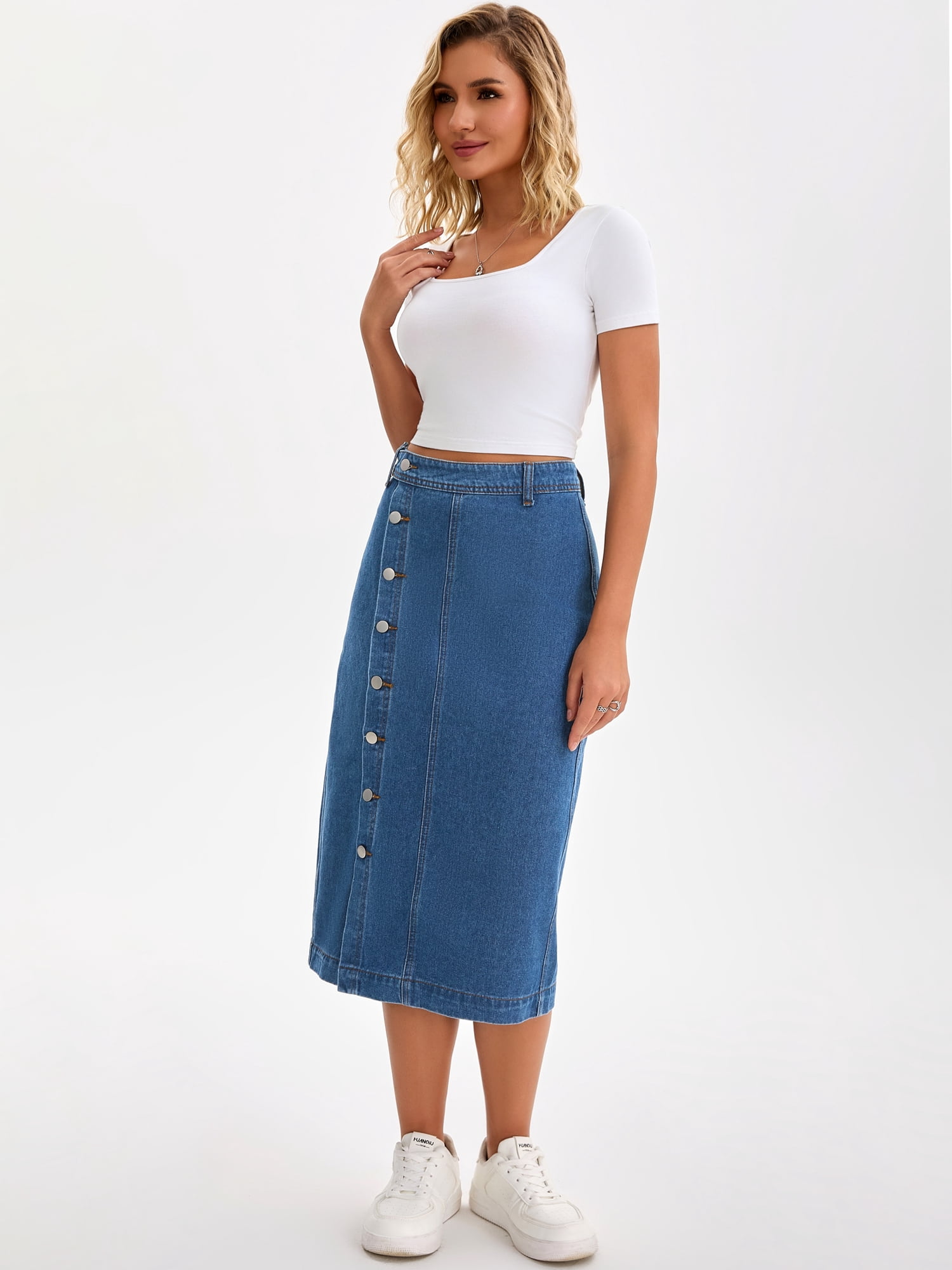 DARING DIVA Women's Denim Midi Skirt Button Up Slit Jean Skirts XX-Large Blue