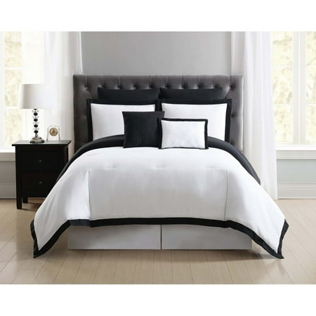 Black White Comforter Sets - Truly Soft Everyday Hotel Border White and Black 7 Piece Full / Queen Comforter Set