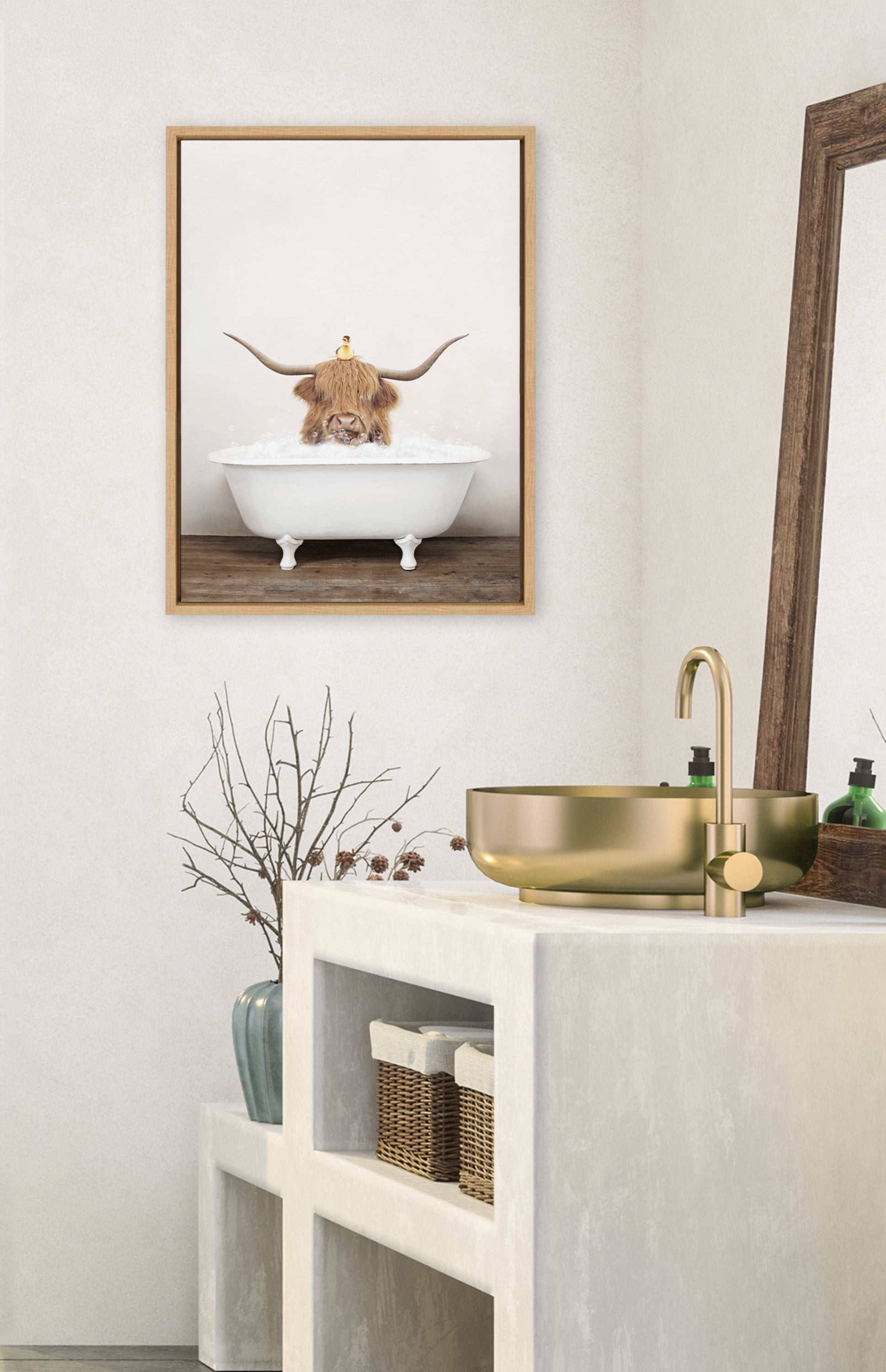 Kate and Laurel Sylvie Highland Cow and Duckling in Rustic Bath Framed Canvas Wall Art by Amy Peterson Art Studio, 18x24 Natural, Modern Fun Decorative Bathtub Wall Art for Home Décor
