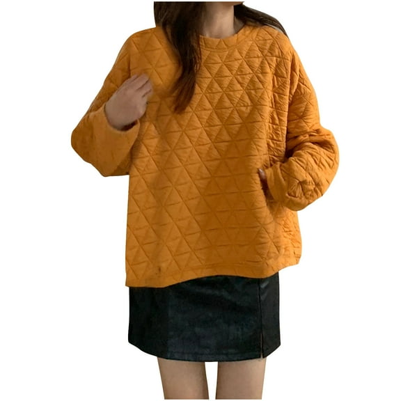 BLVB Women's Fall Fashion Quilted Pattern Long Sleeve Casual Crewneck Sweatshirt Solid Color Pullover Shirt Top